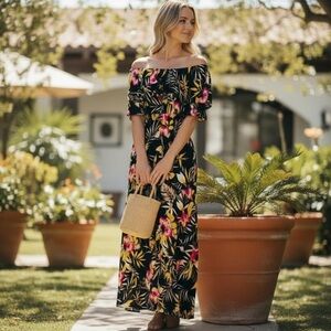 T Bags Yellow Floral Maxi Dress Cold Shoulder Layered Ruffle Tropical Hawaiian
